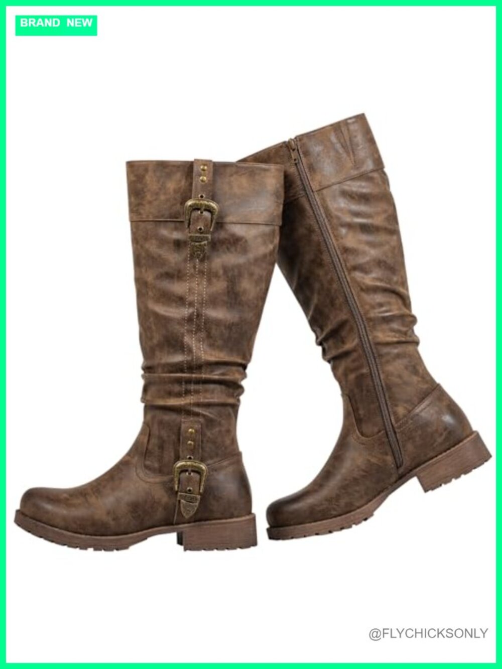Faux Leather Knee High Boots Chunky Low Heel Stretch Panel Side Zipper Western